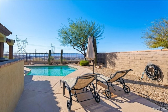 view of swimming pool featuring a fenced in pool, a patio area, and a fenced backyard