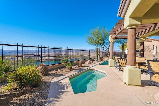 view of pool featuring a patio, a fenced backyard, a water view, a fenced in pool, and a pergola