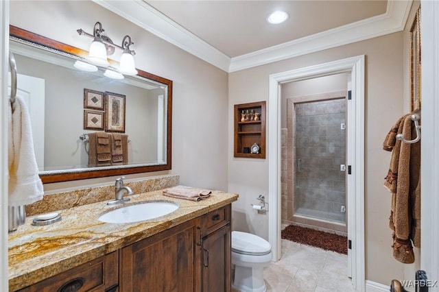 full bath with crown molding, toilet, a stall shower, vanity, and tile patterned flooring