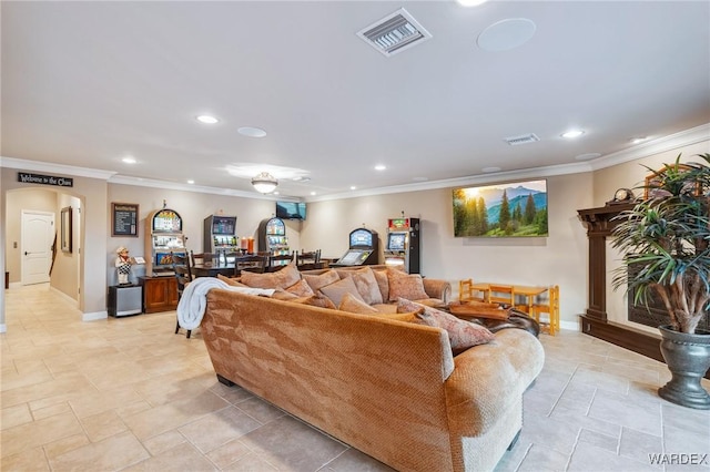 living room with visible vents, crown molding, and recessed lighting