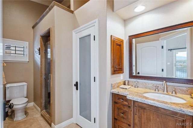 full bathroom with tile patterned flooring, toilet, vanity, baseboards, and a shower stall