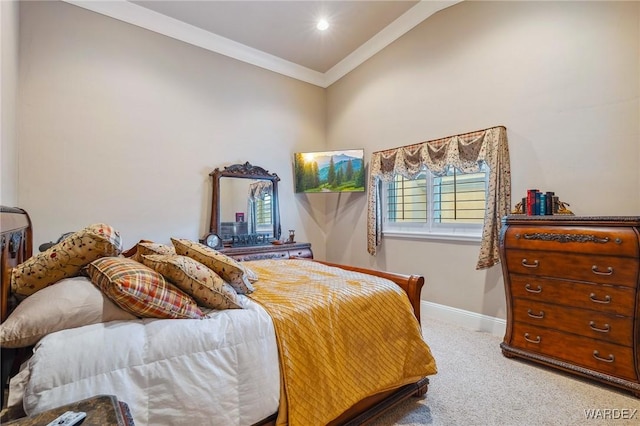 bedroom with recessed lighting, light carpet, baseboards, vaulted ceiling, and ornamental molding