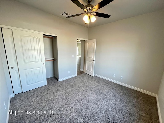 3371 N Apache St, Kingman, AZ 86401 - unfurnished bedroom featuring a closet, carpet flooring, baseboards, and a ceiling fan