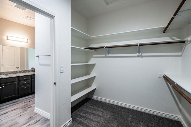 walk in closet with light wood finished floors