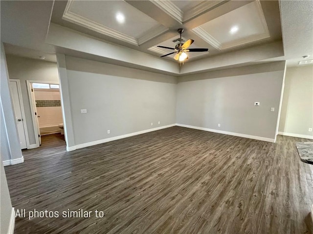 3371 N Apache St, Kingman, AZ 86401 - unfurnished room featuring dark wood finished floors, baseboards, ceiling fan, beam ceiling, and coffered ceiling