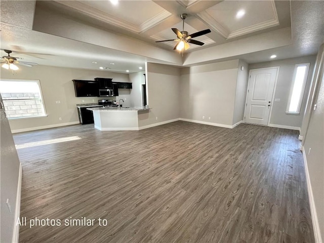 3371 N Apache St, Kingman, AZ 86401 - unfurnished living room with ceiling fan, coffered ceiling, dark wood finished floors, baseboards, and recessed lighting