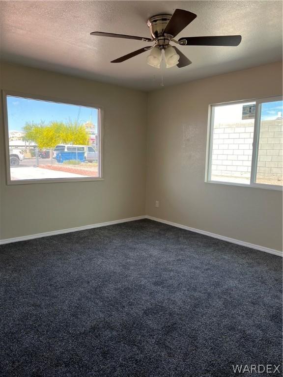 unfurnished room featuring dark colored carpet, plenty of natural light, and a textured ceiling