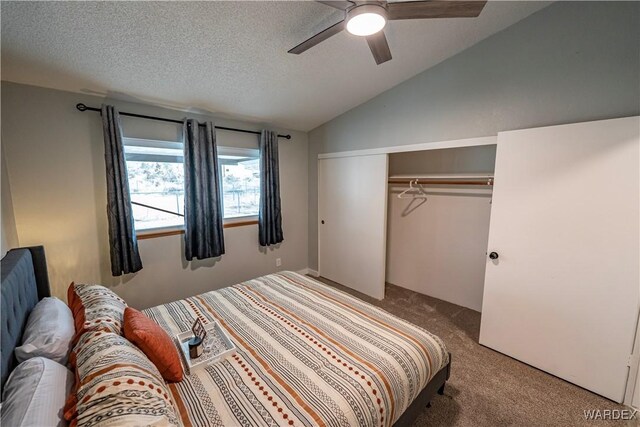 bedroom featuring lofted ceiling, a textured ceiling, a closet, and carpet flooring