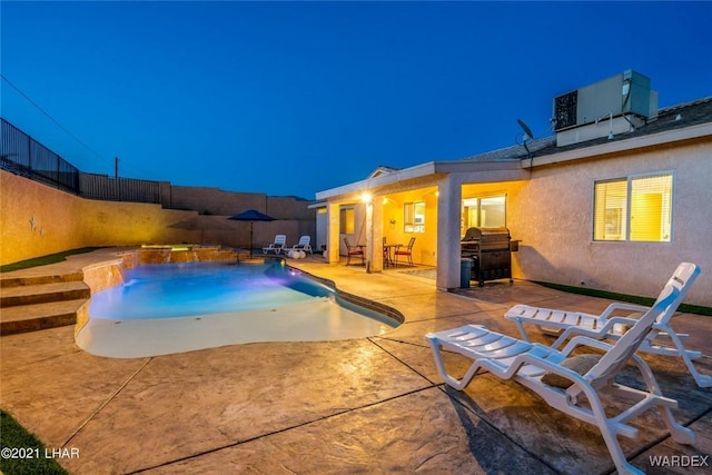 view of pool featuring central AC unit, fence, a fenced in pool, and a patio