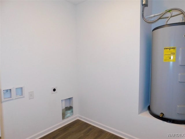 washroom with electric water heater, hookup for an electric dryer, laundry area, dark wood-type flooring, and baseboards