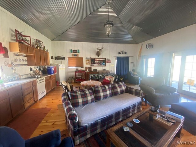 living room featuring vaulted ceiling and light wood-type flooring