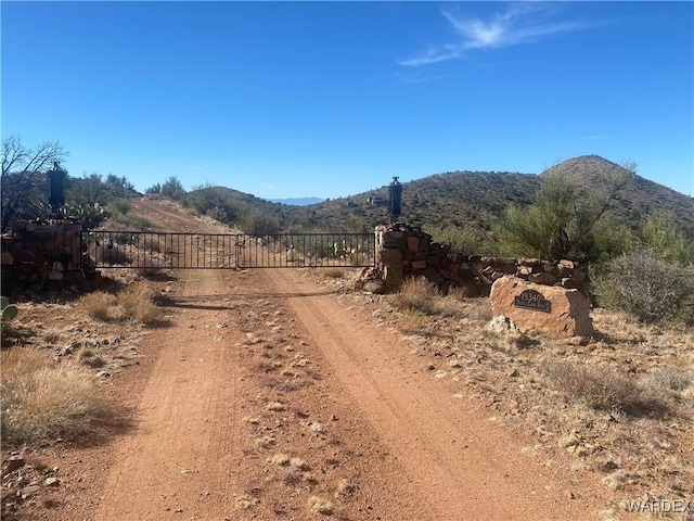 view of street featuring a gated entry, a mountain view, and a rural view