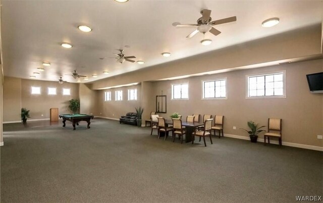 rec room with pool table, dark carpet, a ceiling fan, and baseboards