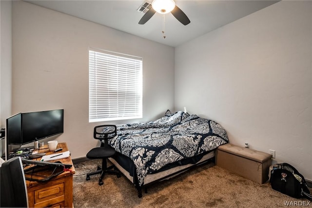 bedroom featuring ceiling fan, carpet floors, and visible vents