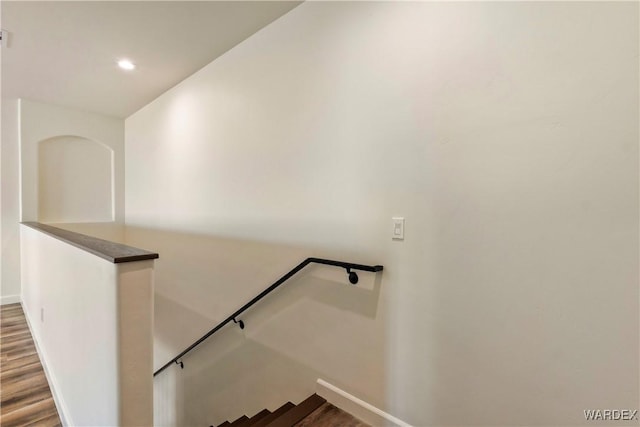 10726 S River Terrace Dr, Mohave Valley, AZ 86440 - stairs featuring baseboards, wood finished floors, and recessed lighting
