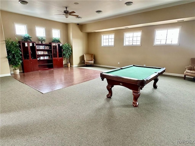 game room with baseboards, ceiling fan, billiards, and carpet flooring