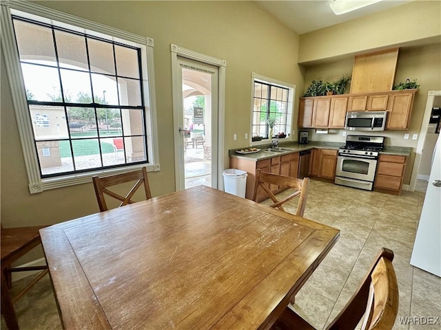 kitchen featuring baseboards, light tile patterned floors, appliances with stainless steel finishes, and a sink