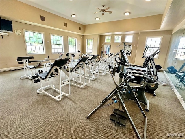 workout area with visible vents, ceiling fan, and baseboards