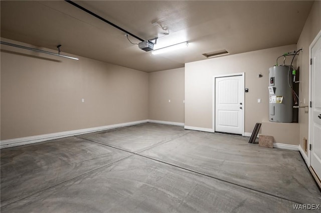 garage with electric water heater, baseboards, and a garage door opener