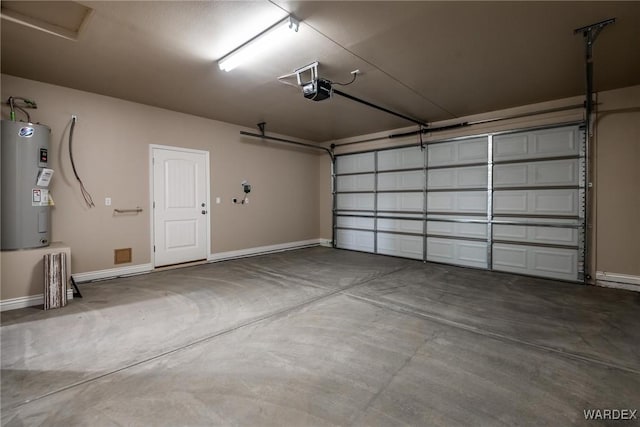 garage with electric water heater, baseboards, and a garage door opener