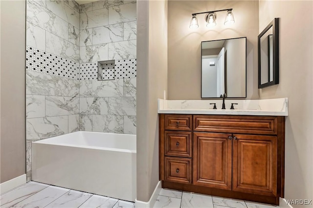 full bath with marble finish floor, baseboards, and vanity