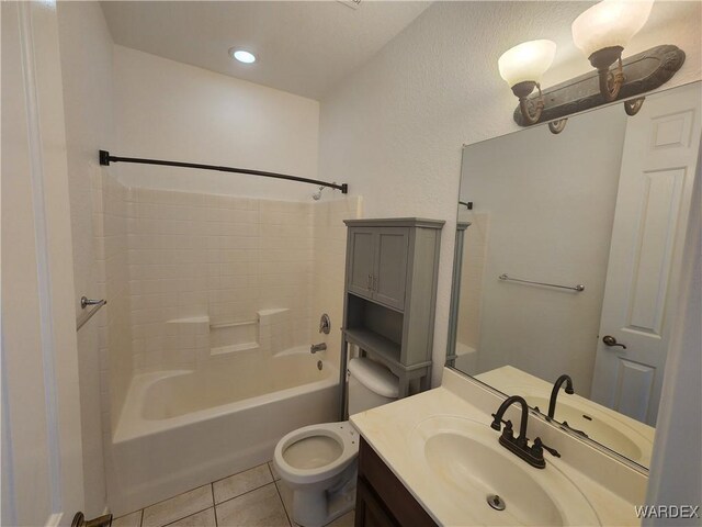 full bath with recessed lighting, toilet, tub / shower combination, vanity, and tile patterned flooring