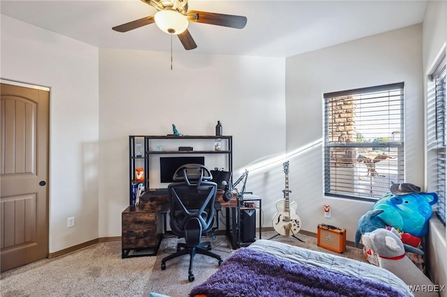 bedroom featuring carpet, ceiling fan, and baseboards