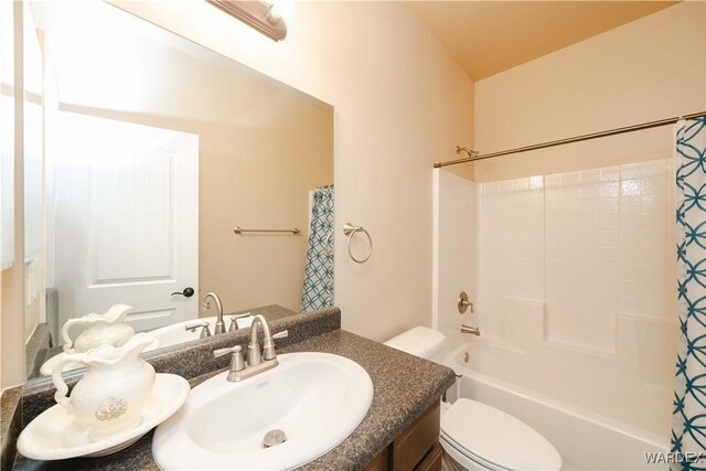 full bathroom with toilet, shower / bath combo, and vanity