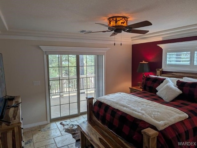 bedroom with access to exterior, stone tile floors, multiple windows, and crown molding