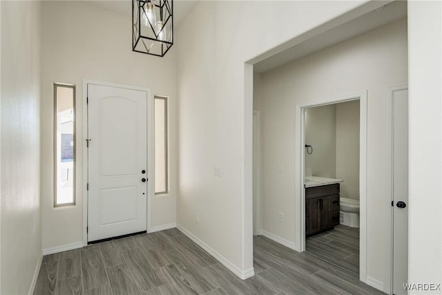 foyer entrance featuring baseboards and wood tiled floor