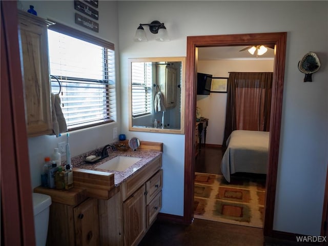 ensuite bathroom with toilet, ensuite bath, baseboards, and vanity