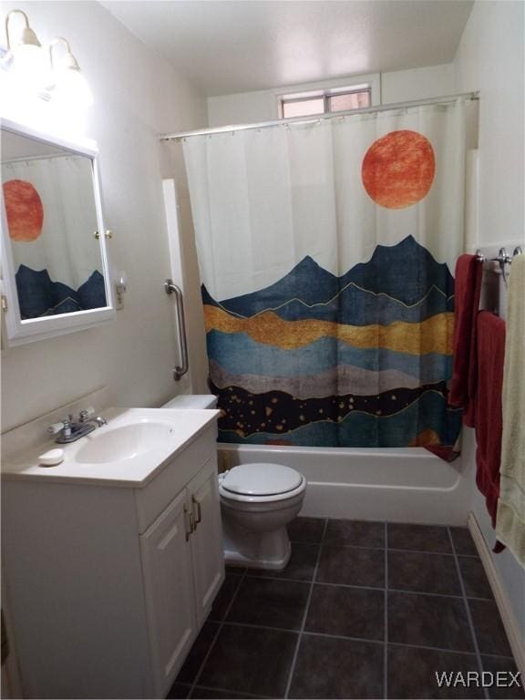 full bath featuring toilet, tile patterned flooring, vanity, and shower / bathtub combination with curtain