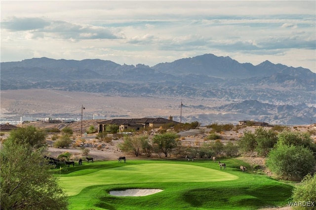 view of property's community with view of golf course, a yard, and a mountain view