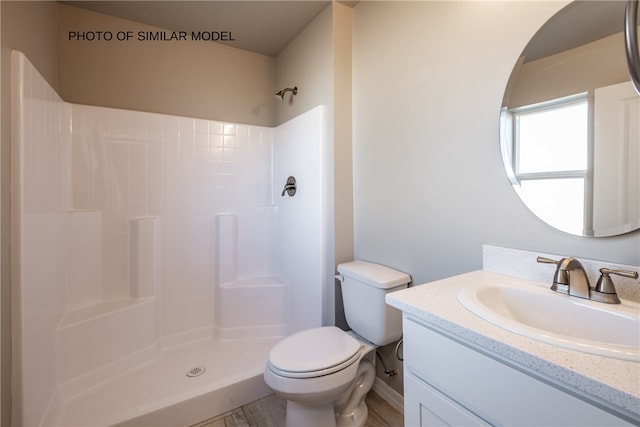 full bathroom with toilet, a shower, and vanity
