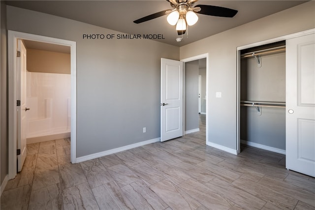 unfurnished bedroom featuring a closet, baseboards, and a ceiling fan