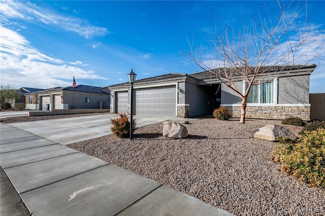 single story home featuring a garage, stone siding, driveway, and stucco siding