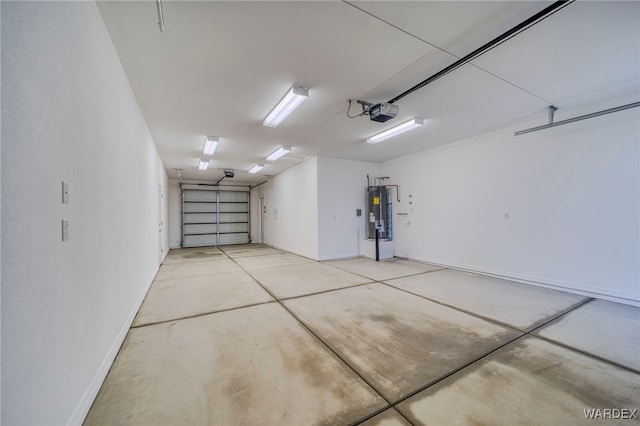 garage with water heater, baseboards, and a garage door opener