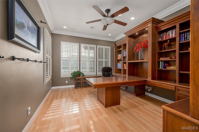 office with light wood finished floors, recessed lighting, ornamental molding, ceiling fan, and baseboards