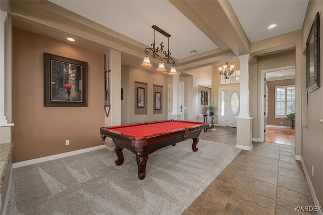 game room with pool table, visible vents, baseboards, a raised ceiling, and ornate columns