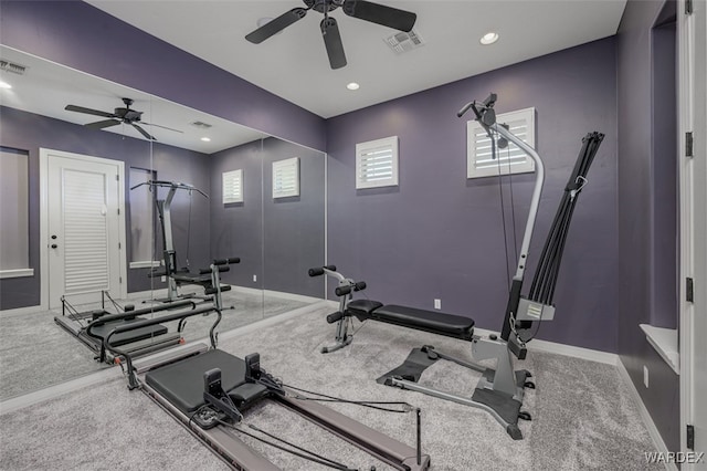 workout room featuring a ceiling fan, recessed lighting, visible vents, and baseboards