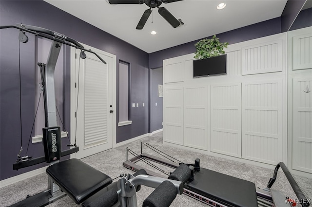 workout room with ceiling fan, baseboards, carpet flooring, and recessed lighting