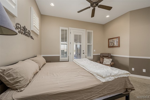 carpeted bedroom with access to outside, baseboards, a ceiling fan, and recessed lighting