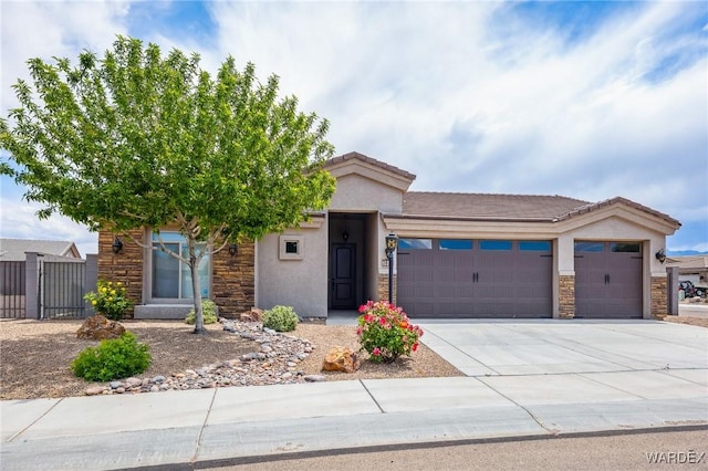 view of front of property with driveway, fence, a garage, stucco siding, and stone siding