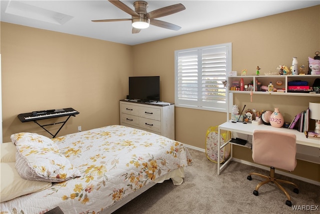 bedroom with carpet flooring, ceiling fan, and baseboards