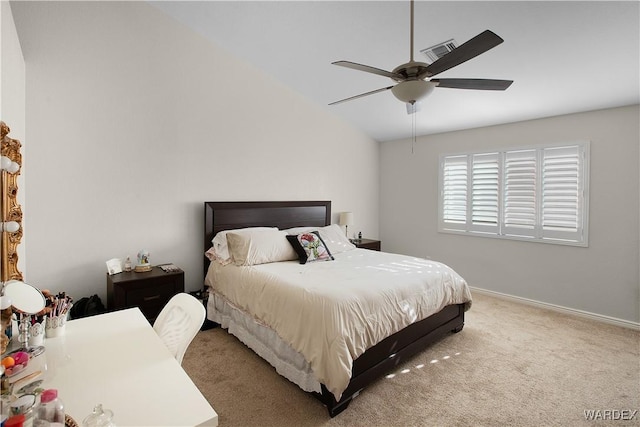 bedroom featuring visible vents, carpet flooring, vaulted ceiling, ceiling fan, and baseboards