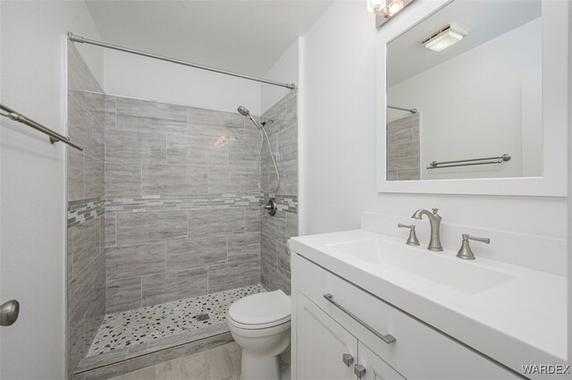 full bath featuring tiled shower, vanity, and toilet