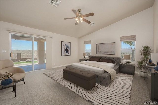 carpeted bedroom featuring access to exterior, multiple windows, and visible vents