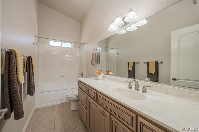 full bathroom featuring lofted ceiling, toilet, vanity, shower / bathing tub combination, and tile patterned floors