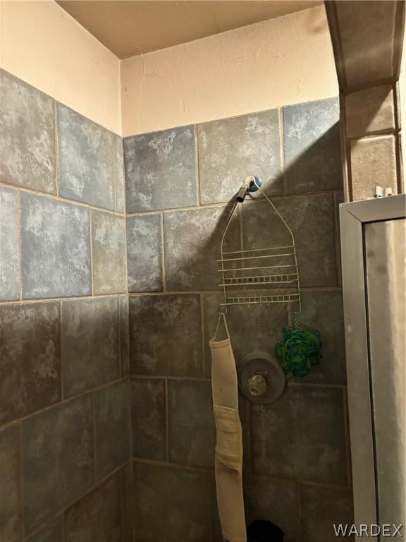 interior details featuring a tile shower