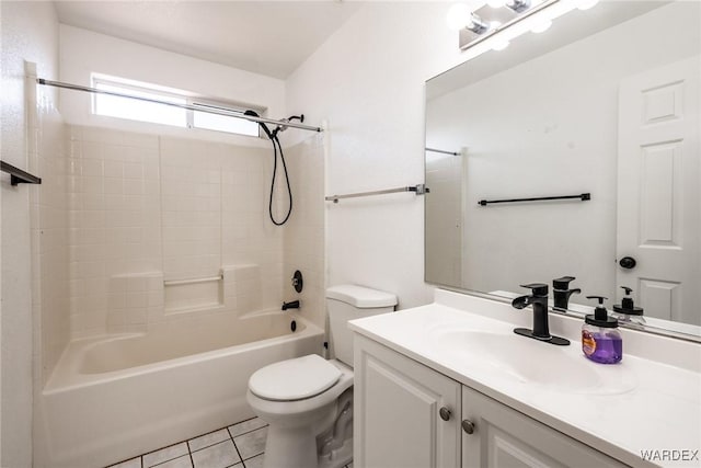 bathroom with tile patterned flooring,  shower combination, toilet, and vanity